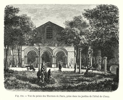 Widok na Palais des Thermes w Paryżu, zaczerpnięty z ogrodów Hôtel de Cluny (rycina) autorstwa French School