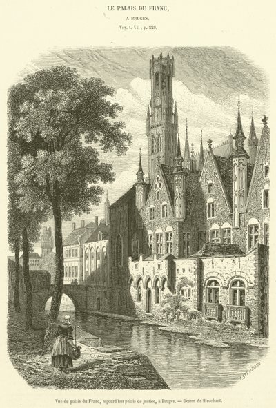 Widok na Palais du Franc, obecnie gmach sądu, w Brugii (grafika) autorstwa French School