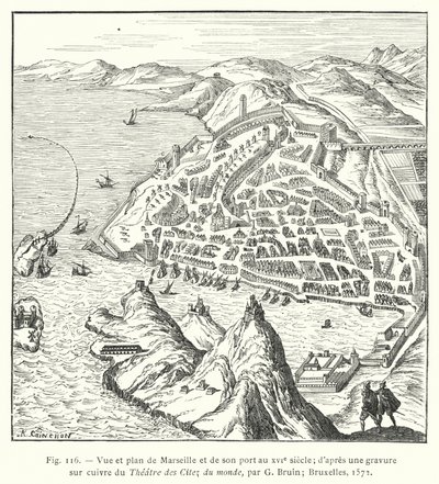 Widok i plan Marsylii i jej portu w XVI wieku; z miedziorytu Theatre des Citez du monde autorstwa G Bruina; Bruksela autorstwa French School