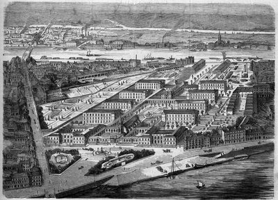 Widok z zewnątrz na Hotel Dieu (Hotel-Dieu) w Nantes, otwarty w 1863 roku. Szpital ten został prawie całkowicie zniszczony podczas bombardowania w 1943 roku. Loire Atlantique (44). Grawer w „Le Monde Illustre” nr 347 z 5 grudnia 1863 r. autorstwa French School