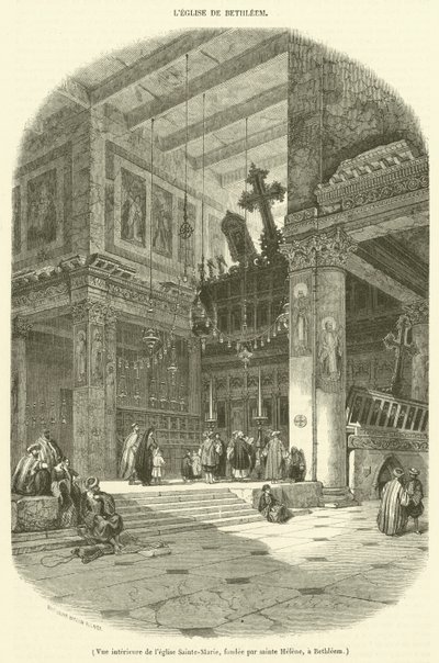 Widok wnętrza kościoła Mariackiego ufundowanego przez św. Helenę w Betlejem (rycina) autorstwa French School
