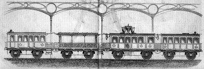 Wagony zajęte przez cesarza Napoleona III (1808-1873) podczas podróży z Paryża do Cherbourga w 1858 r. Grawer „”Le Monde Illustré” nr 70 z 14 sierpnia 1858 r. autorstwa French School