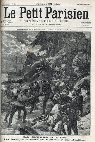 Wojna (o niepodległość) na Kubie: Powstańcy otrzymujący posiłki i amunicję. Kubańczycy powstali przeciwko hiszpańskiej dominacji w 1895, a wojna zakończyła się w 1896 z pomocą Amerykanów. „”Mały Paryż””, 24.04.1898. autorstwa French School