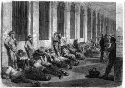Wojna 1870 r.: Paryżanie ustawiają się w kolejce przed Ministerstwem Finansów, aby zapisać się na pożyczkę narodową na finansowanie wojny. Scena przedstawiająca dzień przed otwarciem okien autorstwa French School