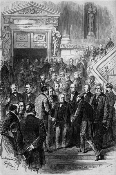 Wojna 1870: Przewodniczący Rady Adolphe Thiers (1797-1877) otrzymał gratulacje od deputowanych z okazji jego zwolnienia ze Zgromadzenia Narodowego zjednoczonego w Bordeaux w dniu 19 lutego 1871. Właśnie otrzymał inwestyturę swojego rządu. Grawerowanie w „” autorstwa French School