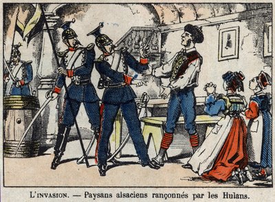 Wojna 1870 r. między Francją a Prusami: alzaccy chłopi ścigani przez obraz Hulanów (Ułanów, Houlanów) z Epinal. autorstwa French School