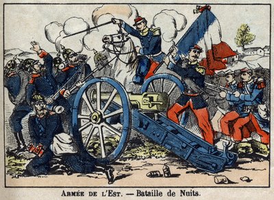 Wojna 1870 między Francją a Prusami: Bitwa Nocy-Saint-George na Złotym Wybrzeżu między Niemcami a Armią Wschodnią w 1870. Epinal Images autorstwa French School