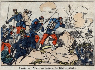 Wojna 1870 między Francją a Prusami: Bitwa pod Saint Quentin w styczniu 1871. Obraz Epinal. autorstwa French School
