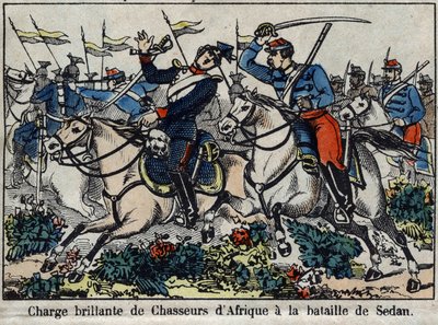 Wojna 1870 między Francją a Prusami: szarża afrykańskich myśliwych w bitwie pod Sedanem w 1870. Obraz Epinal. autorstwa French School