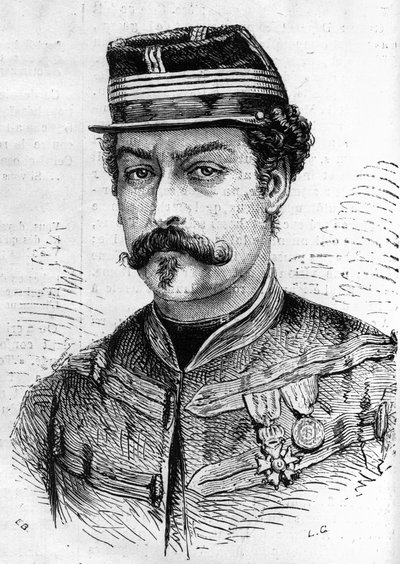 Wojna 1870: portret Leona Franchettiego (1834-1870), żołnierza francuskiego, dowódcy harcerzy nad Sekwaną. Grawer w „”Le Monde Illustré”” nr 714 z dnia 17 grudnia 1870 r. autorstwa French School