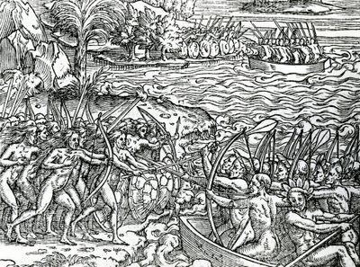 Scena wojny, Brazylia, ilustracja z „Singularities of France Antarctique”, Andre de Thevet, 1558 autorstwa French School