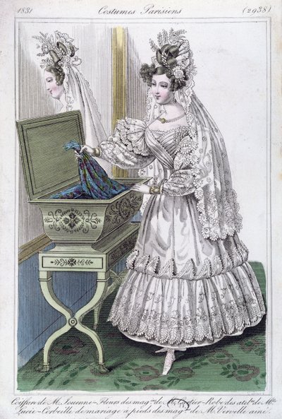 Suknia ślubna, modny talerz z Costumes Parisiens, 1831 autorstwa French School