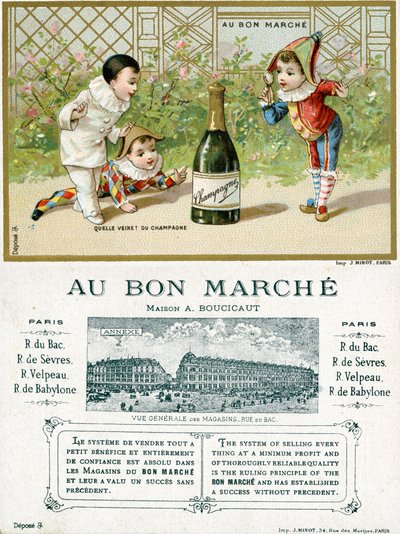 Co za szczęście! butelka szampana; awers i rewers karty promocyjnej dla Domów Towarowych Bon Marché w Paryżu, ok. 1895 r. autorstwa French School