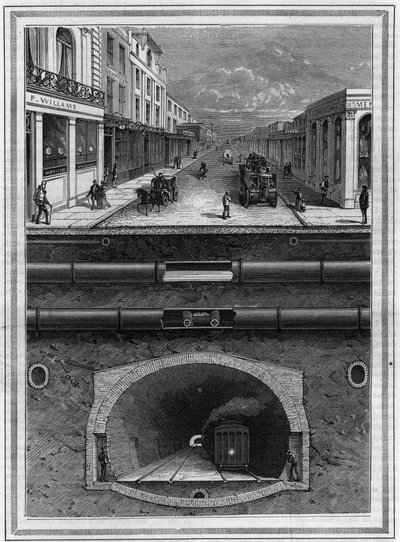 Co znajduje się pod chodnikiem Londynu (Wielka Brytania): Rura gazowa, wodociąg, rura pneumatyczna do ścieków, kanalizacja, tunel i linia kolejowa dla obszarów metropolitalnych. Grawer w „” La Nature. Revue des sciences et de ses applications aux arts et à autorstwa French School