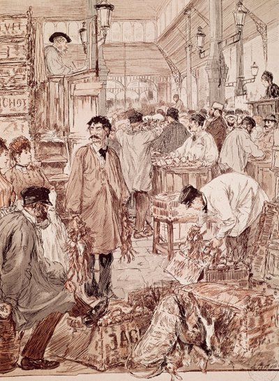 Aukcja dziczyzny w Les Halles, ilustracja, Paryż, Francja autorstwa French School