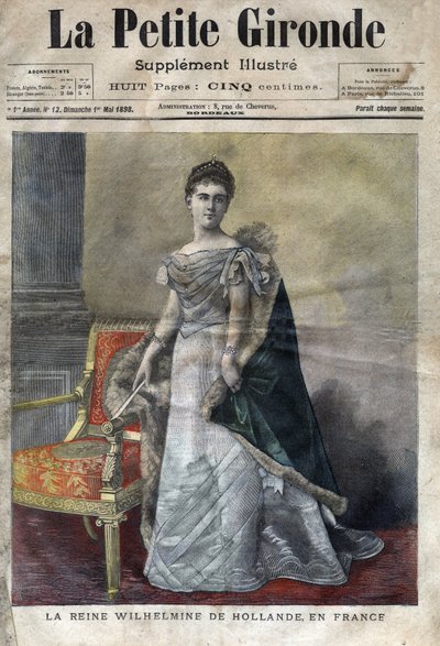 Wilhelmina Orańska (1880-1962), królowa Holandii od 1890 do 1948, córka Wilhelma III, abdykowała na rzecz córki Juliany. Okładka „La petite Gironde” z maja 1898 (rycina) autorstwa French School