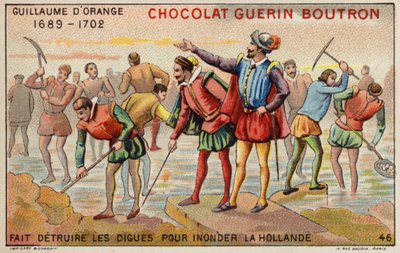 William of Orange niszczący groble, aby umożliwić zalanie Holandii (chromolitho) autorstwa French School