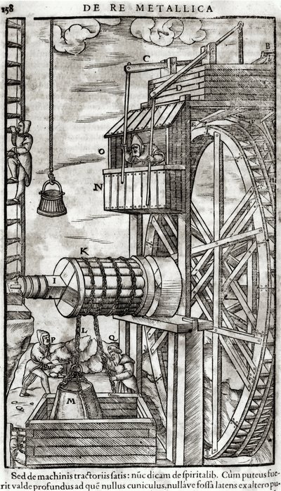 Wciągarka do pobierania wody z kopalni, ilustracja z De Re Metallica autorstwa Georga Bauera (1494-1566) znanego jako Agricola, 1561 autorstwa French School