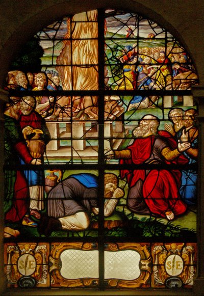 Okno Charnier-8 przedstawiające ofiarę Eliasza; kapłani Baala autorstwa French School