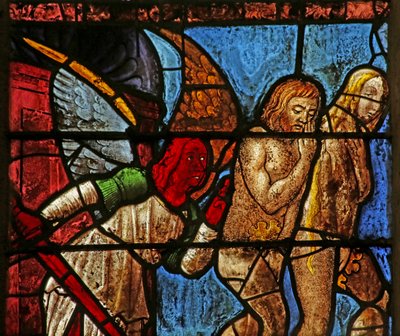 Okno przedstawiające Adama i Ewę wydalonych z Edenu (witraż) autorstwa French School