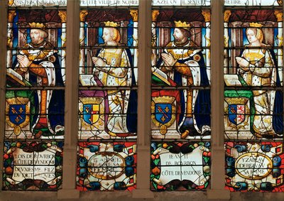 Okno przedstawiające Ludwika de Bourbon (1376-1446) Hrabia de Vendome, Jeanne de Laval (zm. 1468) Jean II de Bourbon (1446-77) Hrabia de Vendome i Isabelle de Beauvau (zm. 1474) autorstwa French School