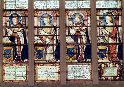 Okno przedstawiające Ludwika de Bourbon (1465-1520) księcia La Roche-sur-Yon, Ludwikę de Bourbon (zm.1561) hrabinę de Montpensier, Ludwika II de Bourbon (1513-82) księcia de Montpensier i Jacquette de Longwy ( autorstwa French School