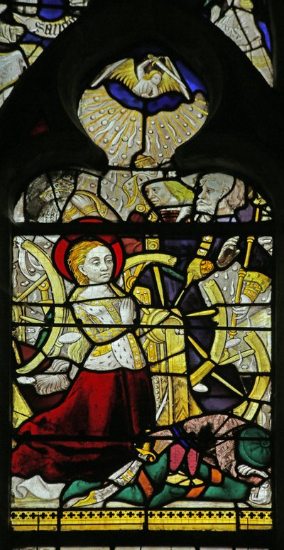 Okno przedstawiające modlącą się św Katarzynę i Anioły łamiące koło rzucającymi kamieniami, 1460-70 autorstwa French School