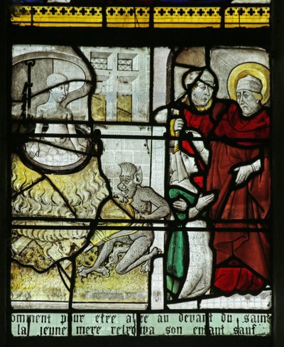 Langas, kuriame vaizduojamas šv. Nikolajus, gelbėjantis vaiką nuo gyvo virimo, 1460–70 poli autorstwa French School