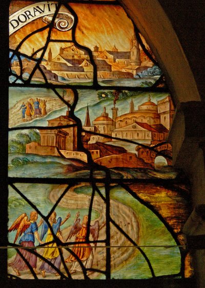 Okno w Charnier (w.13) przedstawiające dwie sceny: Zabicie świni: Abraham odwiedzany przez 3 anioły (witraż) autorstwa French School