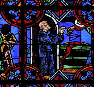 Okno w06 przedstawiające cud pełnej beczki po winie u fundamentów opactwa St Juliens autorstwa French School