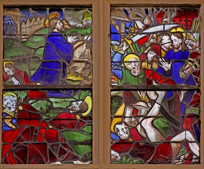 okno w107 przedstawiające agonię w ogrodzie Getsemane; Zdrada Judasza; Ataki św. Piotra autorstwa French School