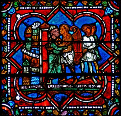 Okno w17 przedstawiające scenę z historii syna marnotrawnego: wraca do ojca autorstwa French School