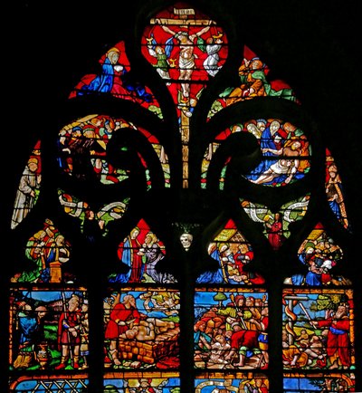 Okno w1 przedstawiające Ukrzyżowanie z Maryją i Janem, Via Crucis, Złożenie autorstwa French School