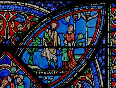Okno w21 przedstawiające scenę z życia św. Eustachego: opuszcza dom wraz z rodziną autorstwa French School