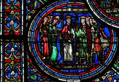 Okno w23 przedstawiające św. Tomasza Becketa z Henrykiem II i Ludwikiem VII autorstwa French School