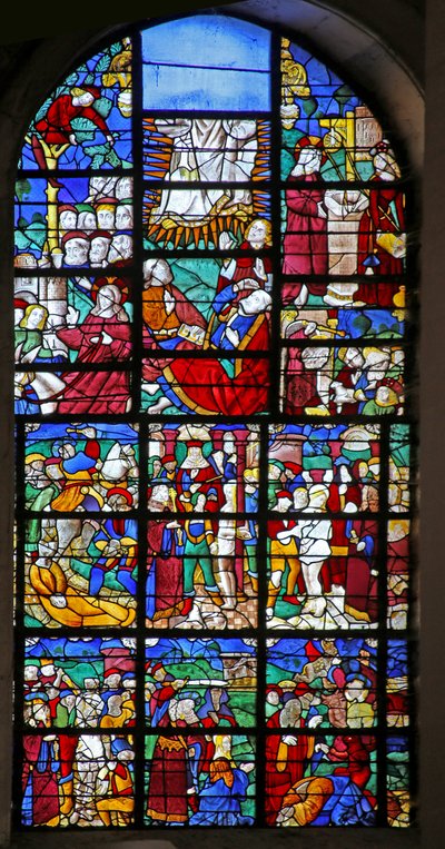 Okno w27 przedstawiające Sceny z życia św. Barbary oraz Męki Pańskiej i Przemienienia Pańskiego autorstwa French School