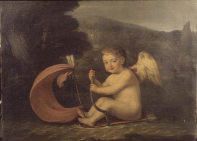 Skrzydlaty Kupidyn, płynący łodzią z kołczanem i masztem strzałowym, ok. 1800 autorstwa French School