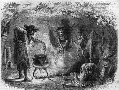 Praktyka czarnoksięstwa: wiedźma przy kotle robiąc magiczne mikstury i mioty. Grawer w „Histoire des Papes-Rois-Queen and Empereurs a travers les Century” Maurice Lachatre autorstwa French School