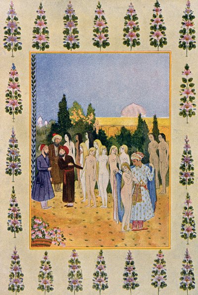 Swoim płaszczem będę chronić jej nagość, ilustracja z „Arabskich nocy”, 1895 (kolor grawerowany) autorstwa French School