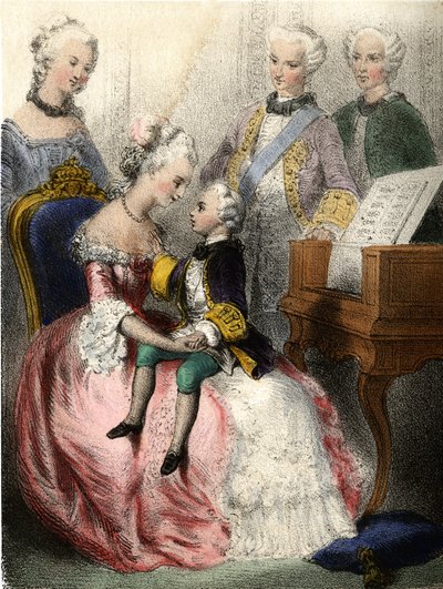 Wolfgang Amadeus Mozart (1756-1791) w ramionach austriackiej Imperatorki Marie-Teresy (marie Therese) – w „Wielkich dzieciach – opowieściach historycznych” Madame Eugenie Foa autorstwa French School