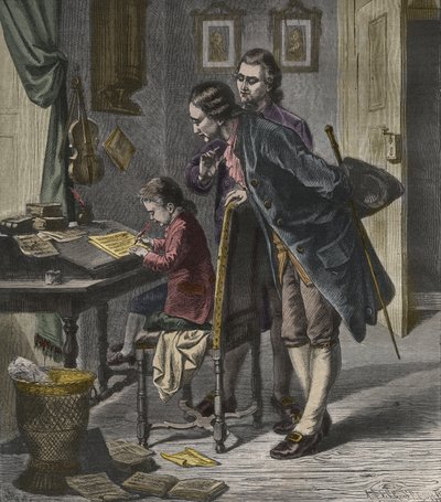 Wolfgang Amadeus Mozart piszący koncert w obecności swojego ojca Leopolda, ilustracja z „La Musique Populaire” autorstwa French School