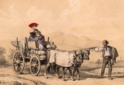 Kobieta i dziecko w tradycyjnych strojach jadących na wozie pełnym worków, ok. 1840 r. autorstwa French School