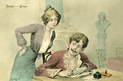 Kobieta przyłapująca mężczyznę na pisaniu listu (kolorowa litografia) autorstwa French School