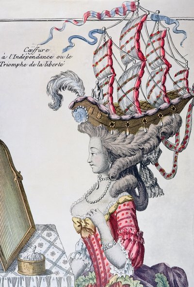 Kobieta w sukience dziennej z fryzurą a la Belle Poule, okres amerykańskiej niepodległości, 1779-80 autorstwa French School