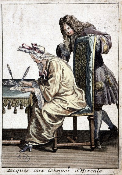 Kobieta w koszuli i szlafmycy pisząca list z mężczyzną, b.d. w. 1715. autorstwa French School