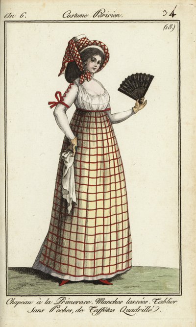 Kobieta w stroju Primerose z 1798 r. (miedzioryt ręcznie kolorowany) autorstwa French School