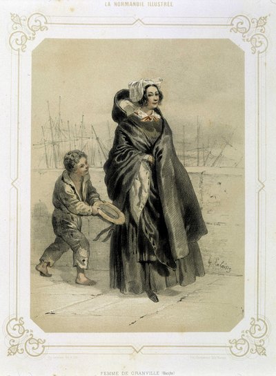 Kobieta z Granville i młody żebrak -w litografii „Ilustrowana Normandia” autorstwa French School