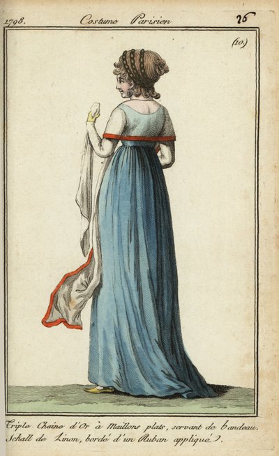 Kobieta w prześwitującym szalu w stylu 1798 (miedzioryt ręcznie kolorowany) autorstwa French School