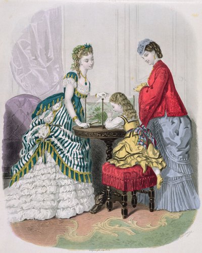 Kobiety i dziecko patrzące na akwarium, z La Mode Illustrée, ok. 1870 r. autorstwa French School
