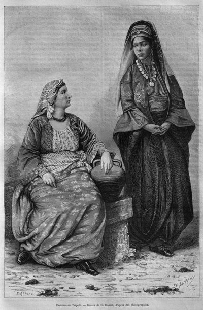 Kobiety z Trypolisu, z dzisiejszej Syrii. Podróżuje po Fenicji, Libanie i Judei. 1875-1880 Louis Charles Emile Lortet, 1884 (bw grawerowanie) autorstwa French School
